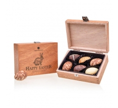 Chococase Mini - Pasen - Chocolade paaseitjes Chocolade paaseitjes in een houten kist bedrukken